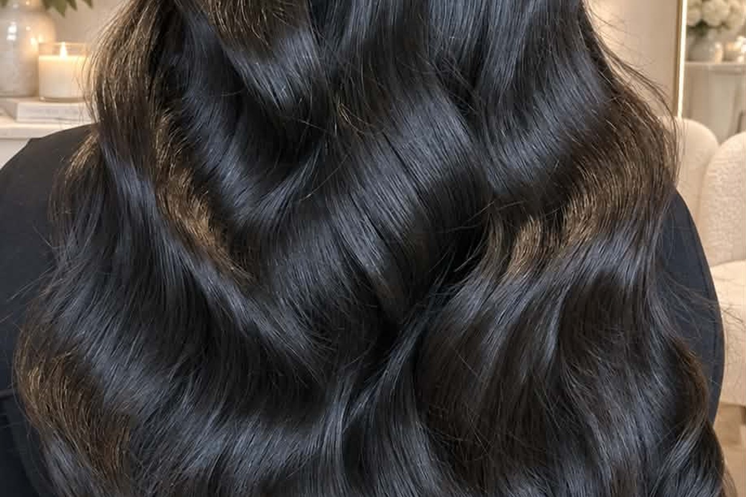 Long dark glossy waves with a glass-like finish